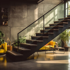 escalier de type industriel dans un loft design - IA Generative - obrazy, fototapety, plakaty