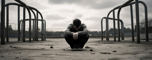 A man kneeling in the center of an abandoned playground his face hidden behind his hands. He is leaning forward pushing himself away