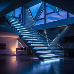 escalier illuminé en bleu de type industriel dans un loft - IA Generative