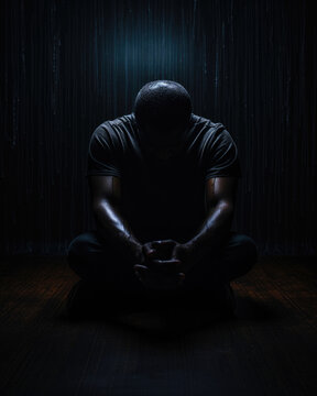 A silhouette of a person sitting in the center of a dark room head bowed down with their arms crossed in an expression of stoic numbness.