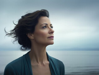 A portrait of a middleaged woman looking out onto a vast empty expanse of sea her gaze showing the emptiness she feels inside.