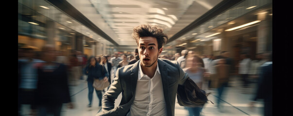 A person sprinting through a crowded shopping mall eyes wide and wind blowing through their hair as they take in the madness of a - obrazy, fototapety, plakaty