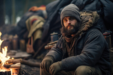 A person bundled up in several layers of clothing blankets and a hat while sitting near a campfire.