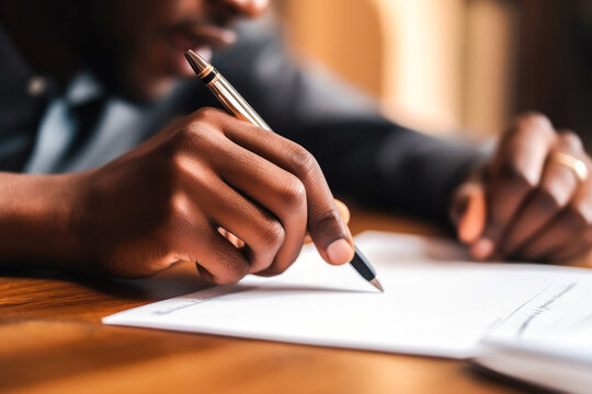 Closeup of a black man's hand writing in a notebook