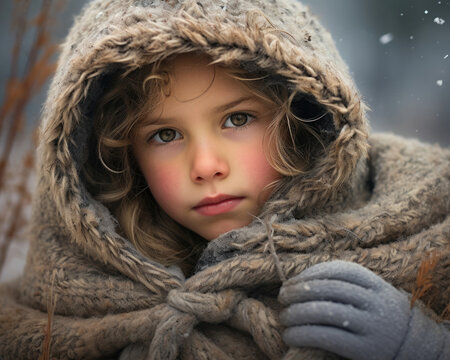 A Child Bundled Up In Multiple Layers Of Clothing Against A Cold Gust Of Wind In The Background.