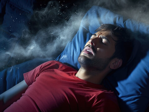 A man lying in bed hyperventilating with sweat glistening off his skin.