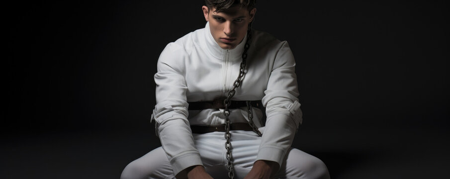 A young man in a straight jacket a limited gaze filled with intense emotion as he strains against the restraints.