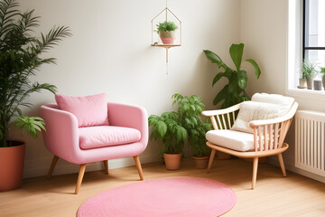 Aloe in pink pot on wooden table in pastel apartment interior with plants and armchair beside sofa with pillows.