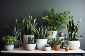 plants in a pot on a white desk against a green wall