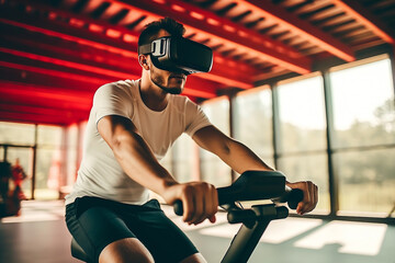 a man rides an indoor bike simulator with a virtual reality headset wearing vr glasses working out in exercise bike