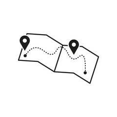 Map icon. Map and two pins. Pins, path on the map. Vector illustration. EPS 10.