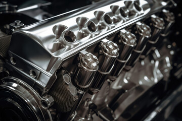 Macro shot of a sleek and high-performance automobile engine with intricate parts and shiny metallic surfaces