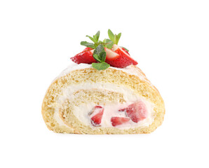 Delicious cake roll with strawberries and cream isolated on white