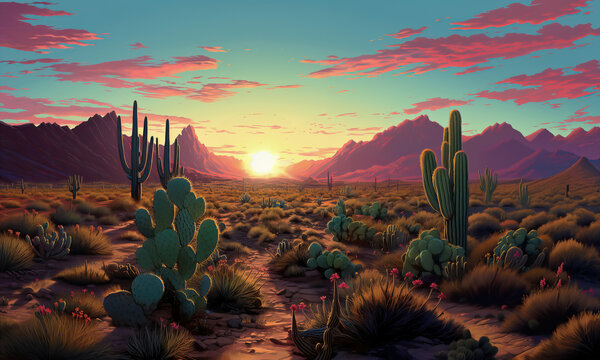  Western desert valley landscape with low vegetation bushes and cacti, a path leading to the big sandstone buttes