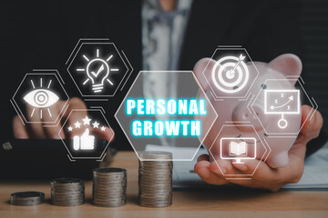 Personal growth concept, Business person hand holding piggybank and using calculator on desk with personal growth icon on virtual screen.