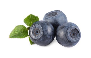Delicious ripe bilberries and green leaves isolated on white