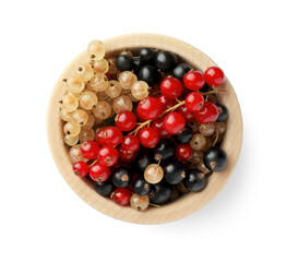 Bowl with fresh red, white and black currants isolated on white, top view