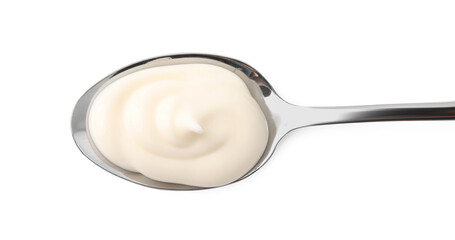 Spoon with tasty mayonnaise isolated on white, top view