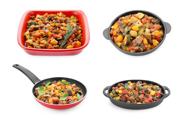 Tasty ratatouille in different dishes isolated on white. Collage design