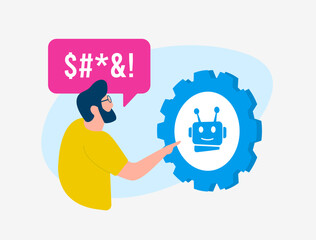 Negative impact of AI on employees. Fear of losing job to AI. Male character swears at artificial intelligence. Problems with job loss due to rapidly developing AI.