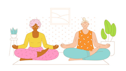 Two elderly women friends sitting together on the floor in meditation poses. Flat outlined colorful vector illustration.