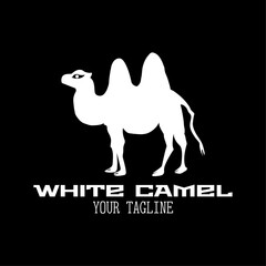 White camel logo with text on black background