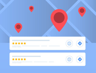 Search Engine Local Map Pack concept. The map segment in local search engine results highlights highest-ranked local listings relevant to gps area or the specified search location - obrazy, fototapety, plakaty