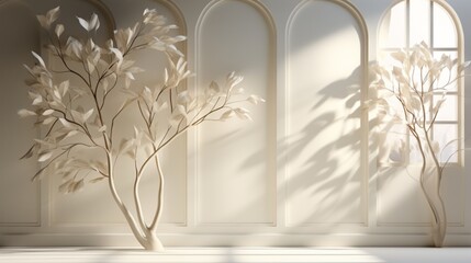 3d White wall background display with shawdow leaves overlay on Beige floor room,Transparent soft light fo branches leaf,Concept for Organic Cosmetic product presentation,Sale
