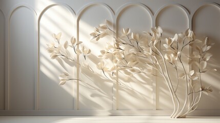 3d White wall background display with shawdow leaves overlay on Beige floor room,Transparent soft light fo branches leaf,Concept for Organic Cosmetic product presentation,Sale