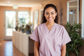 Young hispanic nurse , wearing light purple medical scrubs - obrazy, fototapety, plakaty