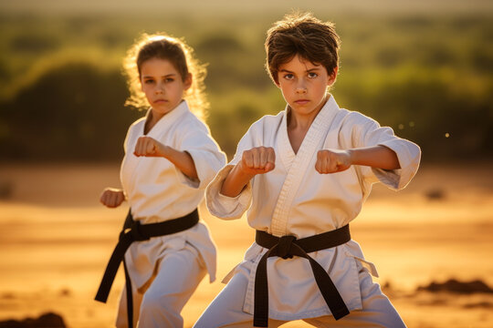 Two kids in karate uniforms practicing their moves in an outdoor setting, white karate uniforms with black belts