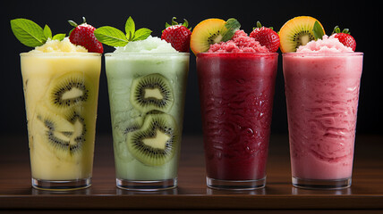 three glasses of fresh fruit and ice cream in a cup on a dark background