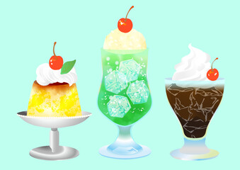 クリームソーダ　プリン　コーヒーゼリー　イラスト