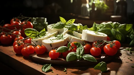 Foto op Canvas fresh cheese and basil leaves on wooden table. © S...