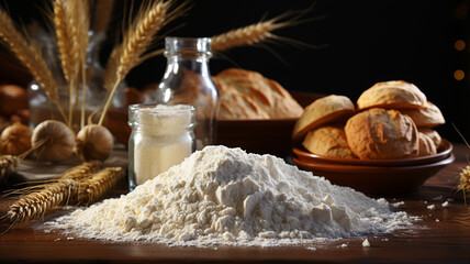 Fototapeta premium composition with flour and bread on table