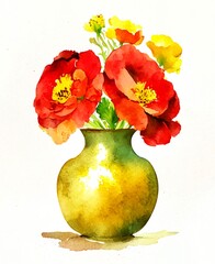  Red and yellow flowers in a copper vase. Digital watercolour painting. Digitally generated image.