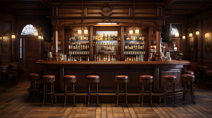 Old bar scene. Traditional or British style bar or pub interior, with wooden paneling 
