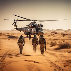 Photography of group of soldiers in uniform with weapons walking near helicopter