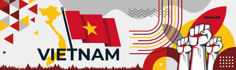 Vietnam Flag and map with raised fists. National day or Independence day design for Vietnamese celebration. Modern corporate web banner design with abstract red yellow star art. Vector illustration.
