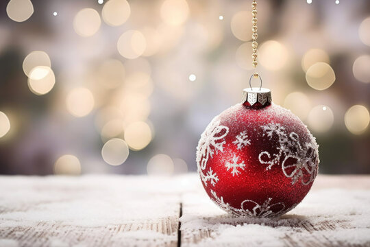 A red Christmas ornament with white snowflakes on it. The ornament is hanging from a gold chain. The background is blurred with white and gold bokeh lights