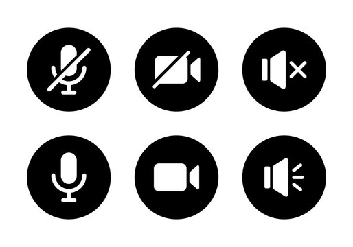 Mute microphone, video cam off, and silent speaker icon vector in circle background