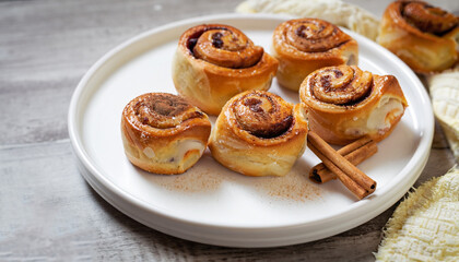 Obraz na płótnie Canvas Food, pastry, baking. homemade snail buns with sugar and cinnamon on white plate