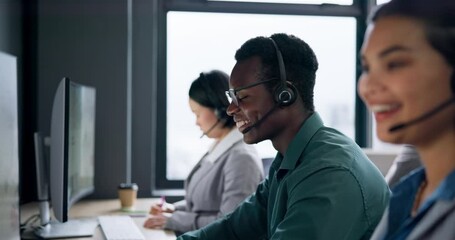 Call center, communication and business people, consultant or agent for virtual technical support on information technology. Software IT solution and woman and man helping with e commerce on computer