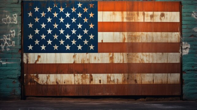 photo of american flag graffiti painted on a old vintage wooden plank boards wall. logo sprayed with colors. 16:9 desktop wallpaper background. Generative AI