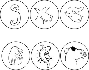 Six different logos or icons featuring a specific animal. Among them are a snake, a dog, a dolphin, a bird, a lizard and a pig with glasses.
