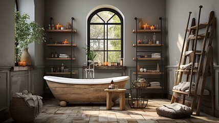 Fototapeta na wymiar modern bathroom with bath, interior design and wooden bathtub with bathtub.