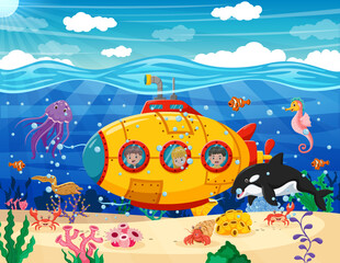 Fototapeta premium Cartoon Submarine Under The Sea. Small inquisitive children on bathyscaphe explore underwater world. Vector illustration