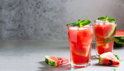 Iced fruit tea or cold watermelon drink in clear glass with mint leaf. Refreshing summer drink. Grey background, copy space. © Uuganbayar