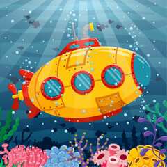 Cartoon Submarine Under The Sea. Vector illustration