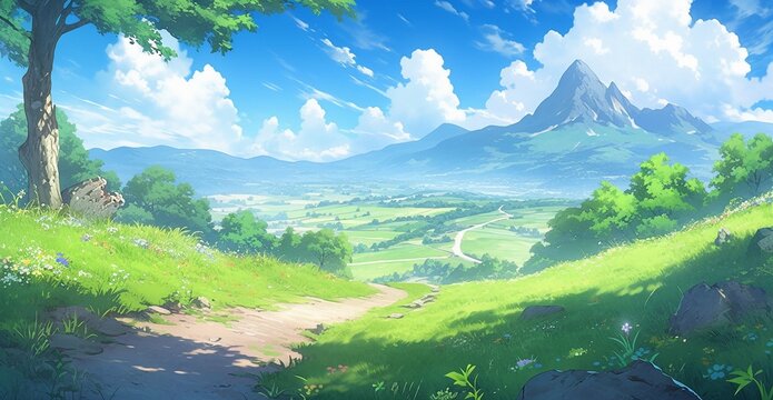 Beautiful summer landscape in anime and fantasy style. High quality illustration